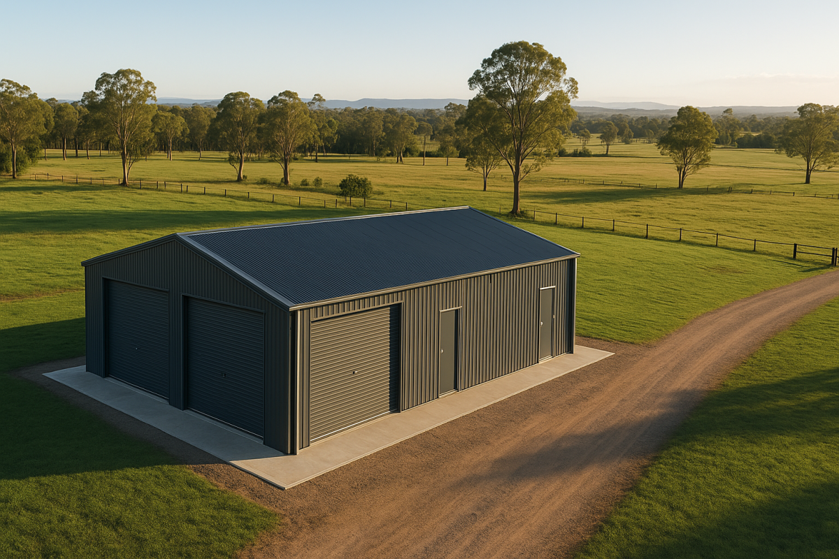 Steel machinery shed on rural property, Scenic Rim Queensland